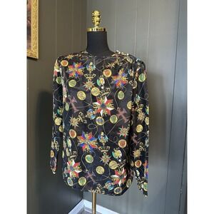 Vintage AP LTD Black Gold Jewelled Royal Print Long Sleeve Blouse 12